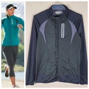 Athleta Size M Prevail Full Zip Ruffle Jacket Running Black Green Gray